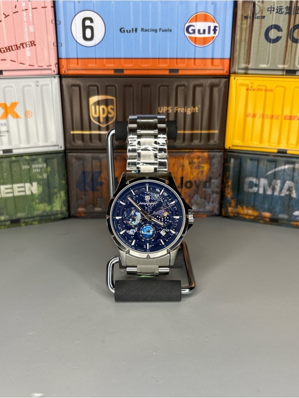 Poedagar Stainless Steel Men’s Watch with Blue moon phase Dial